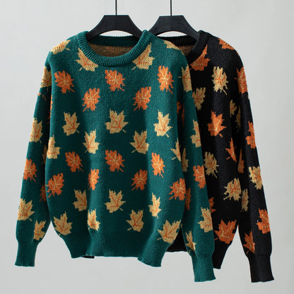 Sweaters- Autumn Maple Leaf Sweater Jumper- - Chuzko Women Clothing