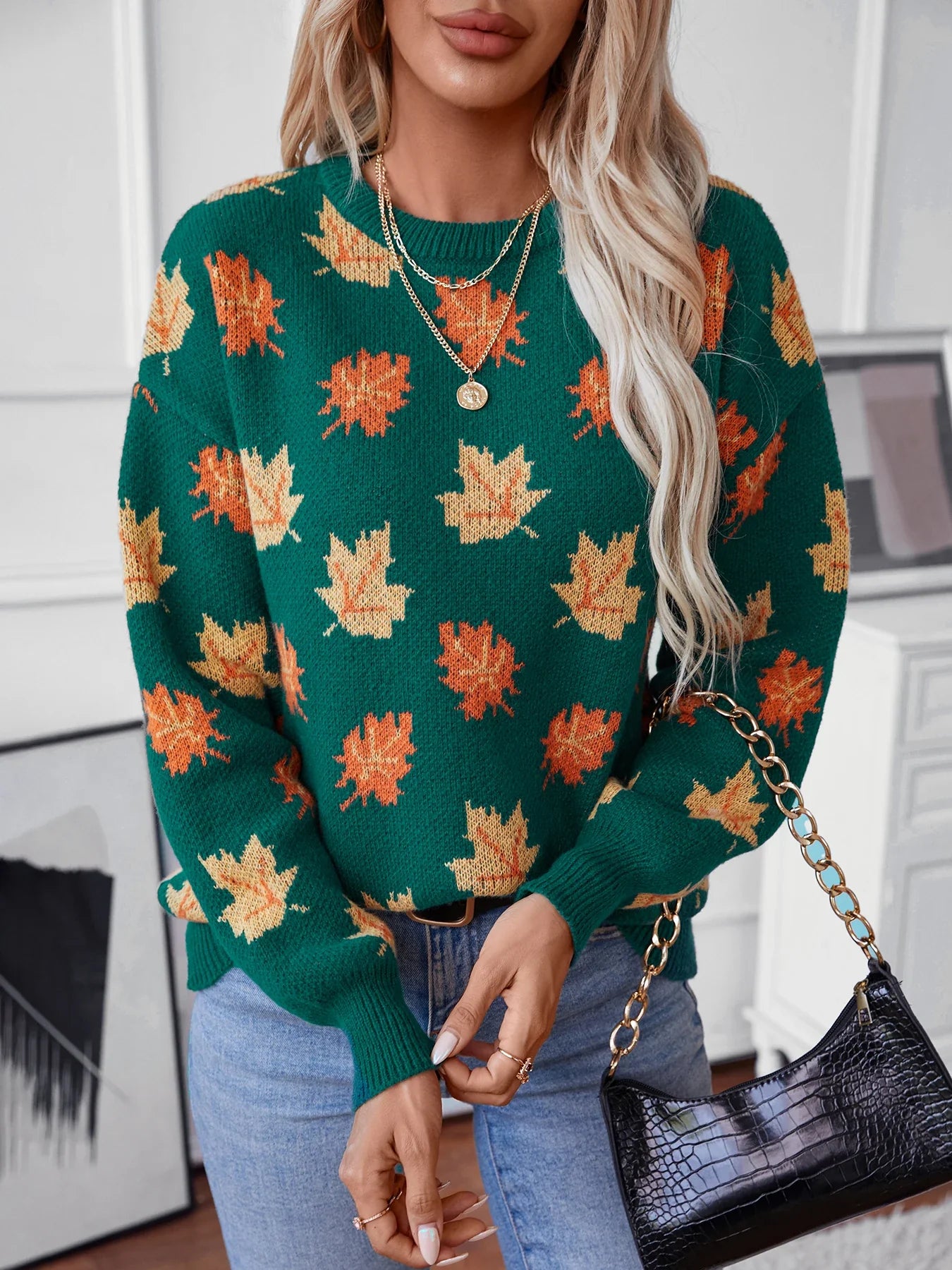 Sweaters- Autumn Maple Leaf Sweater Jumper- - Chuzko Women Clothing