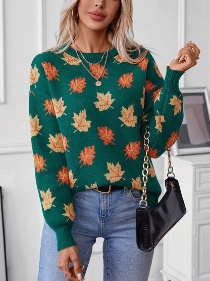 Sweaters- Autumn Maple Leaf Sweater Jumper- - Chuzko Women Clothing