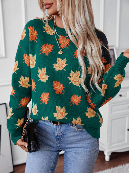 Sweaters- Autumn Maple Leaf Sweater Jumper- - Chuzko Women Clothing