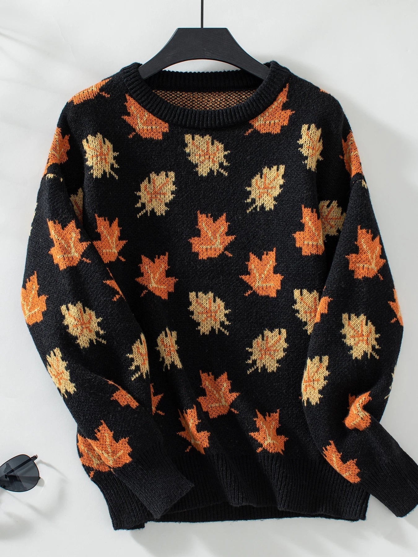 Sweaters- Autumn Maple Leaf Sweater Jumper- Black- Chuzko Women Clothing