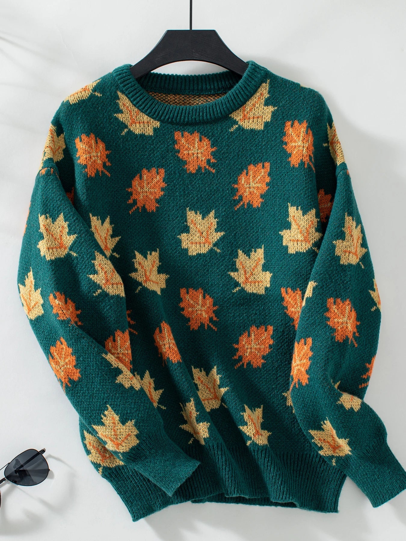 Sweaters- Autumn Maple Leaf Sweater Jumper- Green- Chuzko Women Clothing