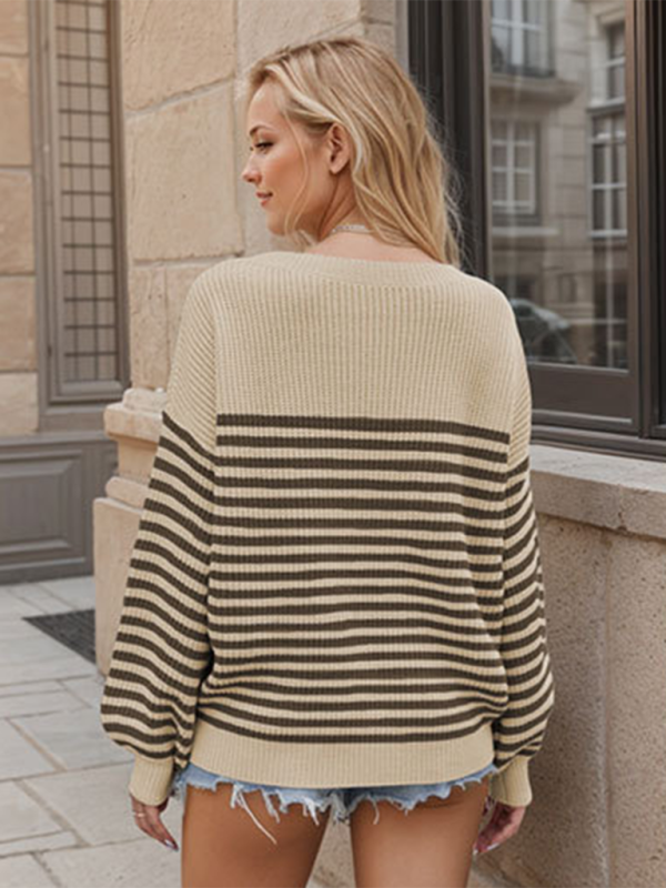 Sweaters- Autumn Striped Pullover Oversized Knitting Sweater- - Pekosa Women Fashion