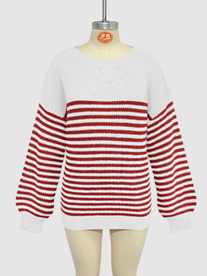 Sweaters- Autumn Striped Pullover Oversized Knitting Sweater- - Pekosa Women Fashion