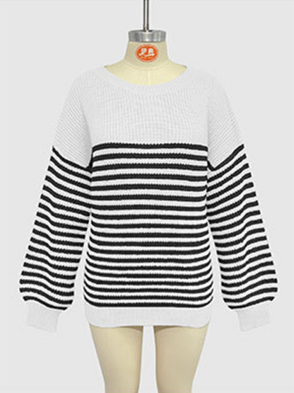 Sweaters- Autumn Striped Pullover Oversized Knitting Sweater- - Pekosa Women Fashion