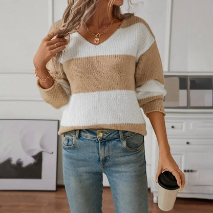 Sweaters- Bicolor Striped Off Shoulder Knit Sweater