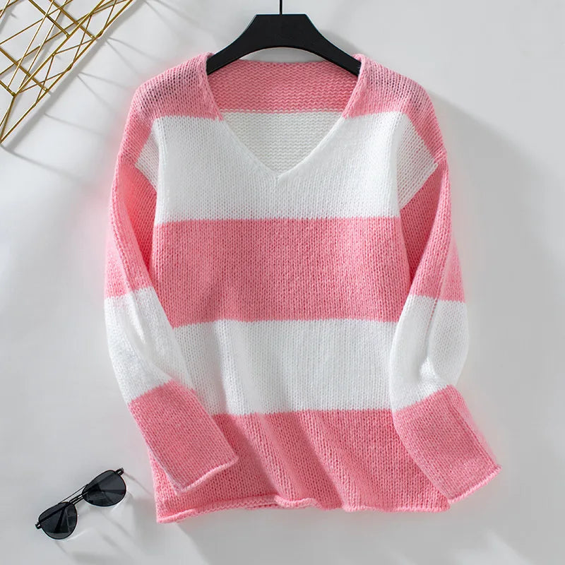 Sweaters- Bicolor Striped Off Shoulder Knit Sweater