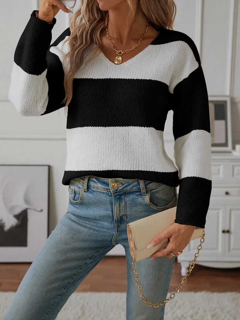 Sweaters- Bicolor Striped Off Shoulder Knit Sweater