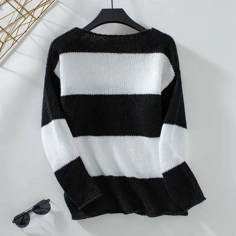 Sweaters- Bicolor Striped Off Shoulder Knit Sweater