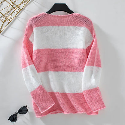 Sweaters- Bicolor Striped Off Shoulder Knit Sweater