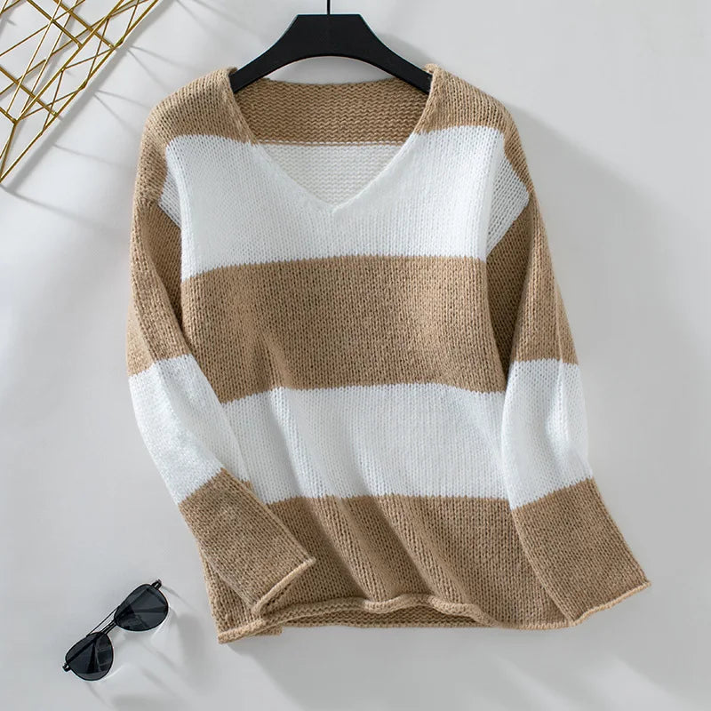 Sweaters- Bicolor Striped Off Shoulder Knit Sweater