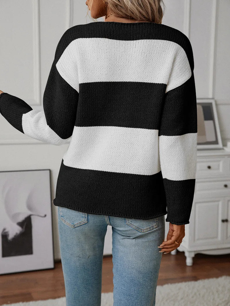 Sweaters- Bicolor Striped Off Shoulder Knit Sweater