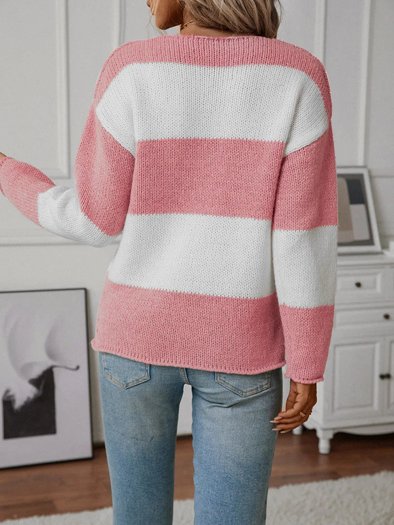 Sweaters- Bicolor Striped Off Shoulder Knit Sweater