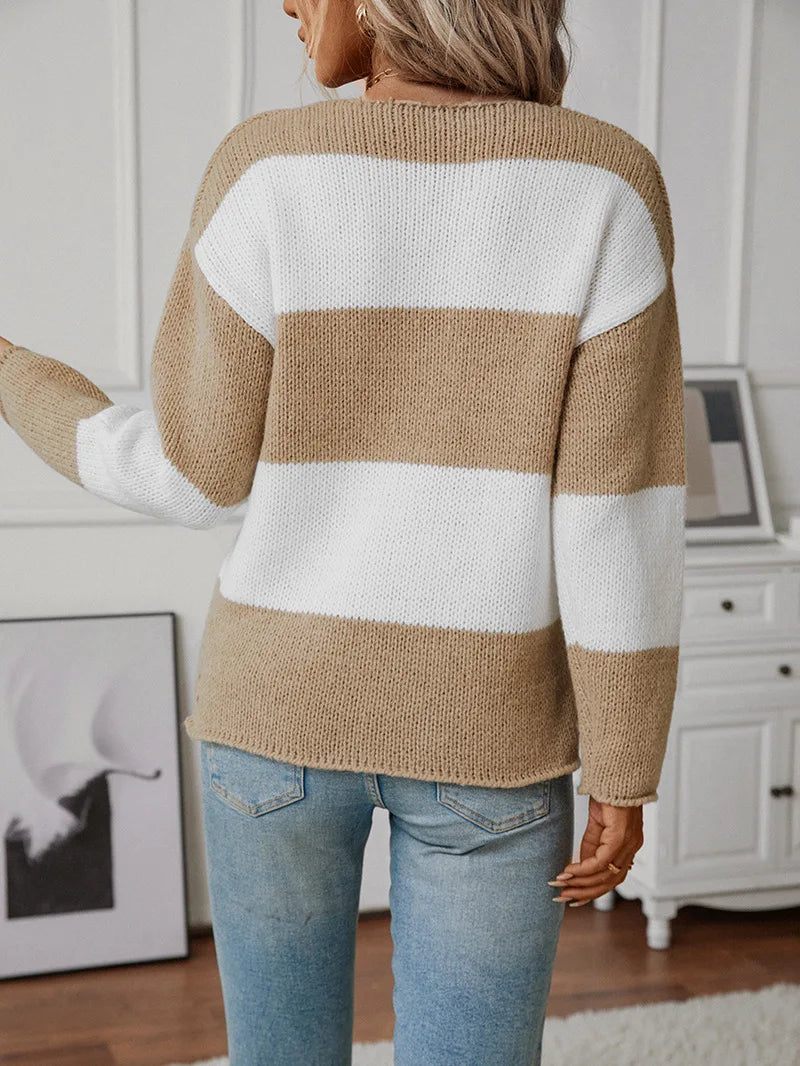 Sweaters- Bicolor Striped Off Shoulder Knit Sweater