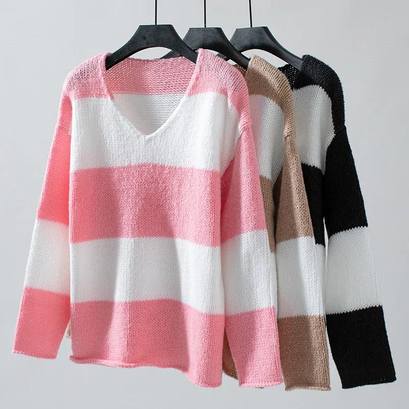 Sweaters- Bicolor Striped Off Shoulder Knit Sweater