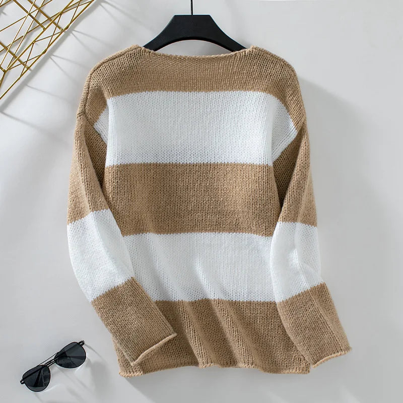 Sweaters- Bicolor Striped Off Shoulder Knit Sweater