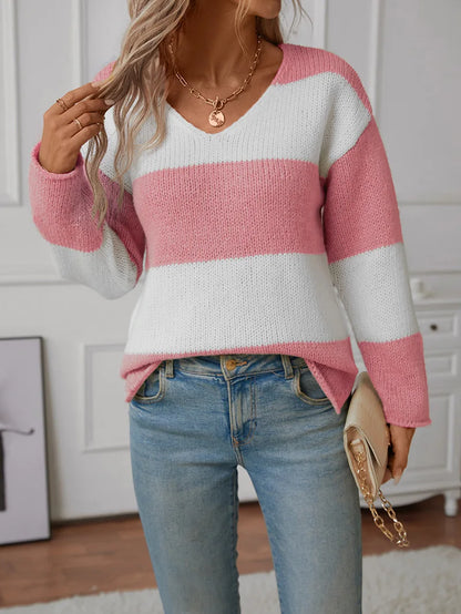 Sweaters- Bicolor Striped Off Shoulder Knit Sweater