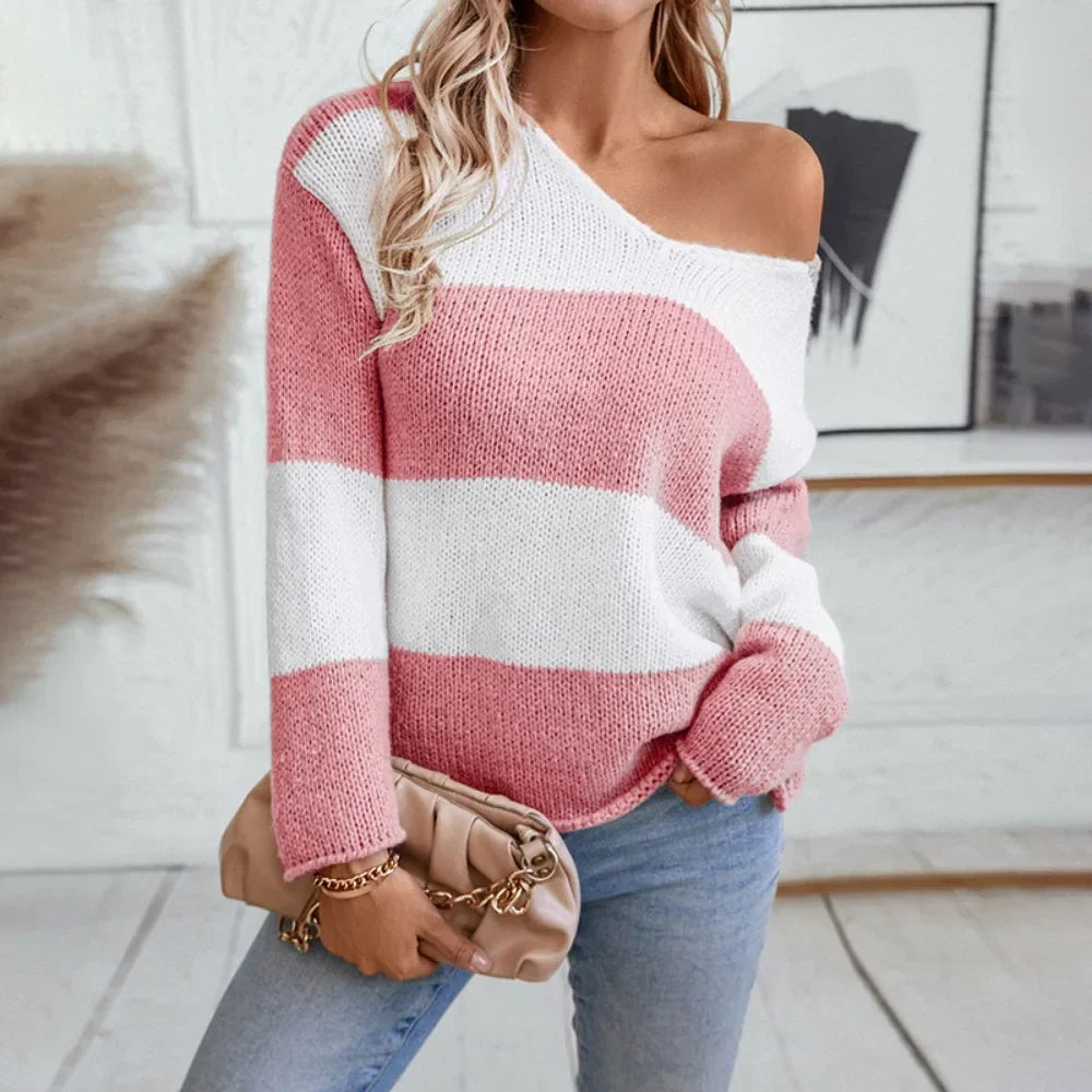 Sweaters- Bicolor Striped Off Shoulder Knit Sweater