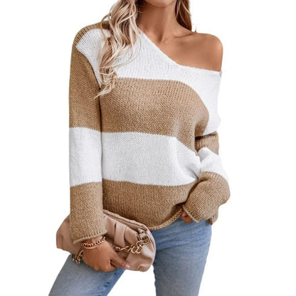 Sweaters- Bicolor Striped Off Shoulder Knit Sweater