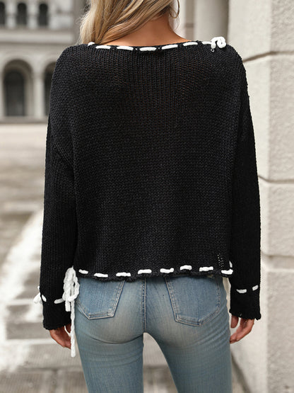 Sweaters- Black Knit Sweater with Contrast Trim- - Pekosa Women Fashion