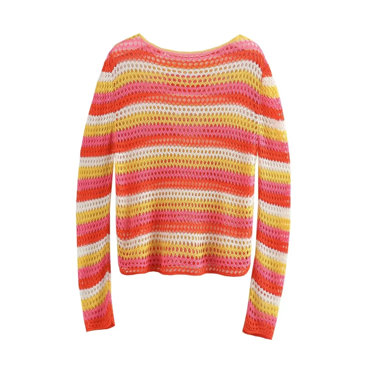 Sweaters- Boho Beauty Striped Crochet Sweater for Sunny Days- Orange- Pekosa Women Fashion