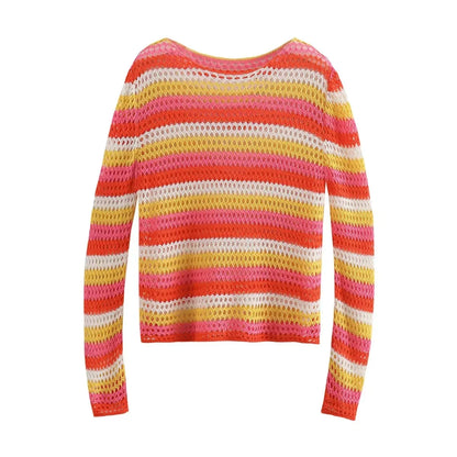 Sweaters- Boho Beauty Striped Crochet Sweater for Sunny Days- - Pekosa Women Fashion