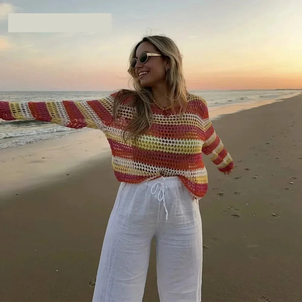 Sweaters- Boho Beauty Striped Crochet Sweater for Sunny Days- - Pekosa Women Fashion