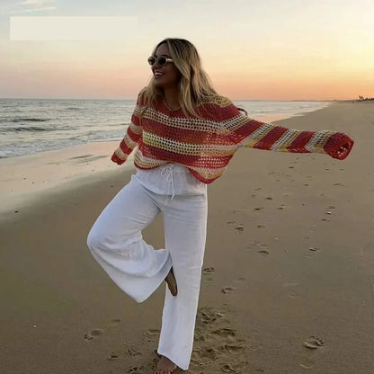 Sweaters- Boho Beauty Striped Crochet Sweater for Sunny Days- - Pekosa Women Fashion