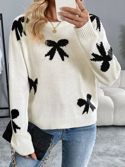 Sweaters - Bow Pattern Knit Jumper Motif Sweater for Fall