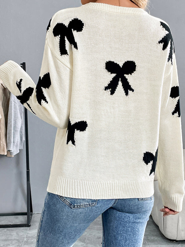 Sweaters - Bow Pattern Knit Jumper Motif Sweater for Fall