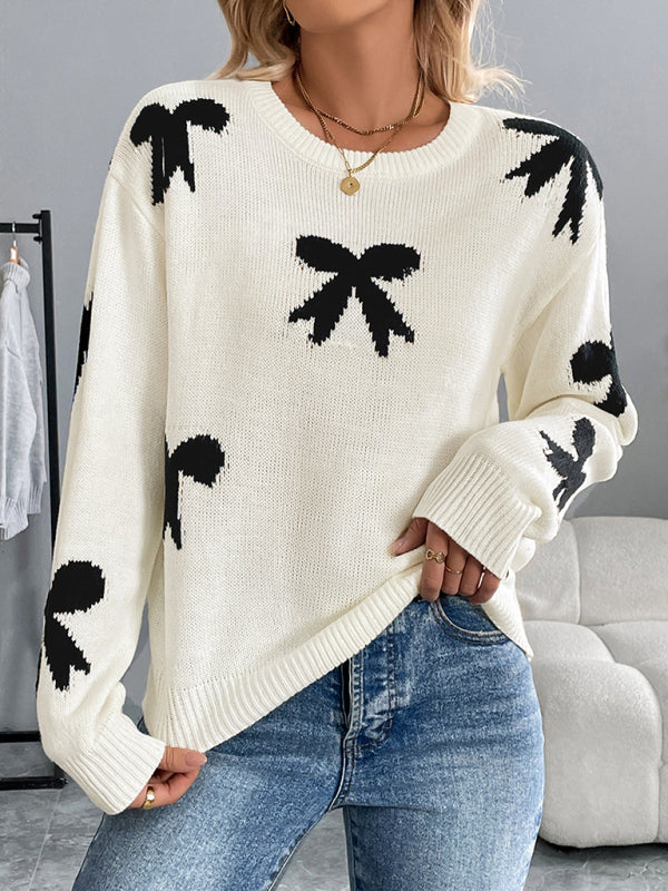 Sweaters - Bow Pattern Knit Jumper Motif Sweater for Fall