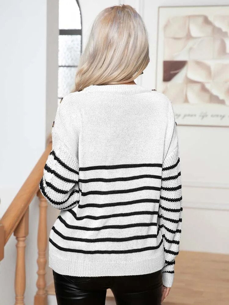 Sweaters- Buttoned Bliss: Drop Shoulder Stripe Sweater Jumper- - Pekosa Women Clothing