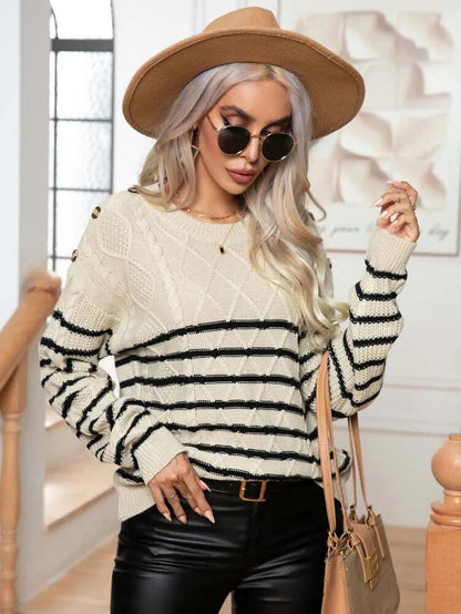 Sweaters- Buttoned Bliss: Drop Shoulder Stripe Sweater Jumper- - Pekosa Women Clothing