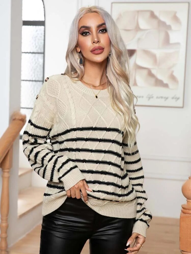 Sweaters- Buttoned Bliss: Drop Shoulder Stripe Sweater Jumper- - Pekosa Women Clothing