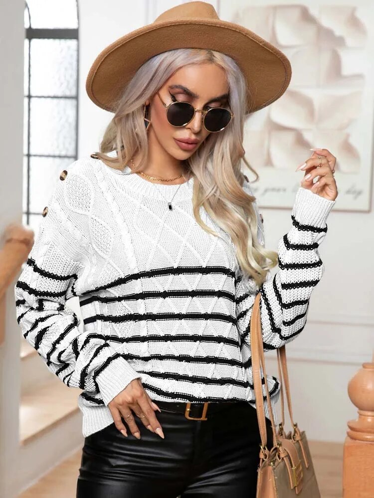 Sweaters- Buttoned Bliss: Drop Shoulder Stripe Sweater Jumper- - Pekosa Women Clothing