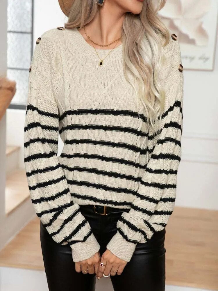 Sweaters- Buttoned Bliss: Drop Shoulder Stripe Sweater Jumper- - Pekosa Women Clothing