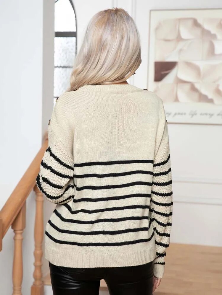 Sweaters- Buttoned Bliss: Drop Shoulder Stripe Sweater Jumper- - Pekosa Women Clothing