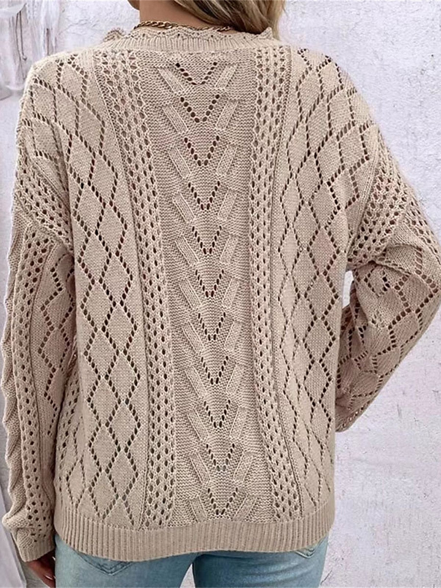 Sweaters- Cable Open Knit Cozy V-Neck Sweater Jumper- - Pekosa Women Clothing