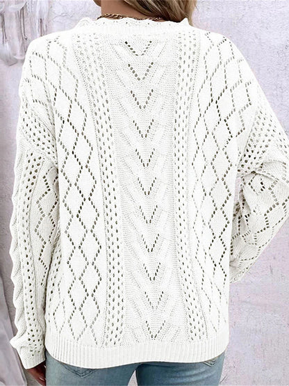 Sweaters- Cable Open Knit Cozy V-Neck Sweater Jumper- - Pekosa Women Clothing