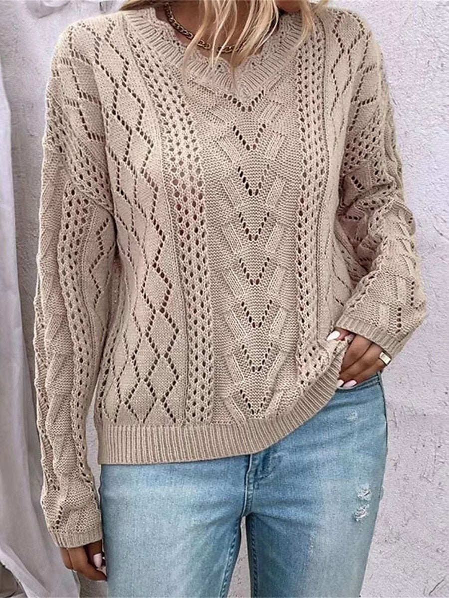 Sweaters- Cable Open Knit Cozy V-Neck Sweater Jumper- - Pekosa Women Clothing