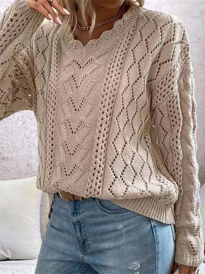 Sweaters- Cable Open Knit Cozy V-Neck Sweater Jumper- - Pekosa Women Clothing