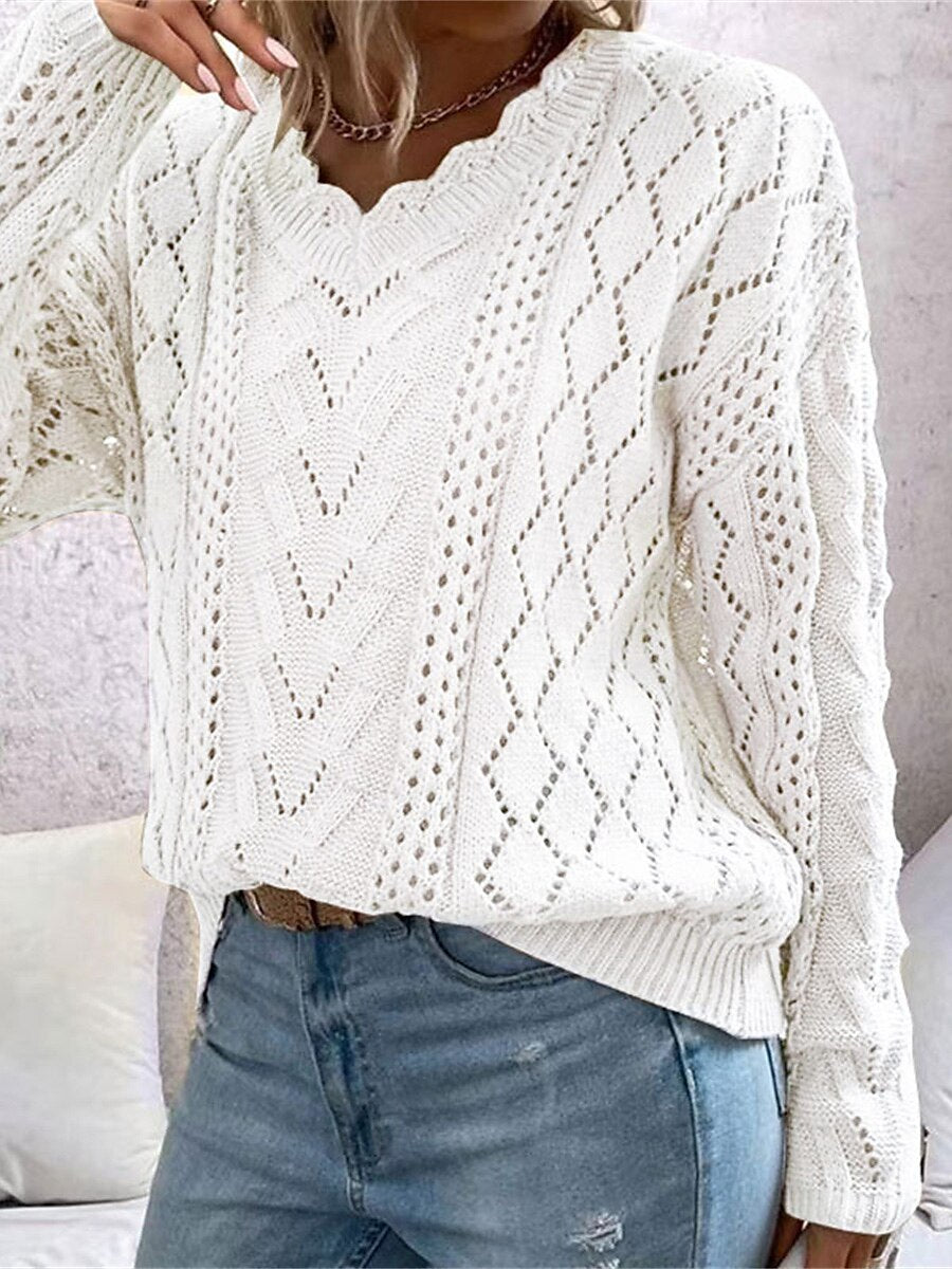 Sweaters- Cable Open Knit Cozy V-Neck Sweater Jumper- - Pekosa Women Clothing