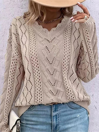 Sweaters- Cable Open Knit Cozy V-Neck Sweater Jumper- - Pekosa Women Clothing