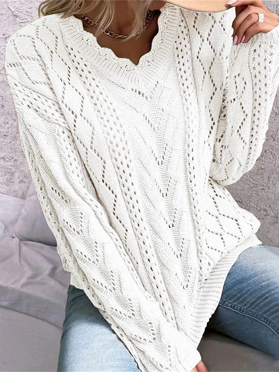 Sweaters- Cable Open Knit Cozy V-Neck Sweater Jumper- - Pekosa Women Clothing