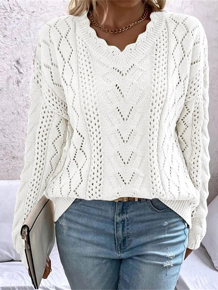 Sweaters- Cable Open Knit Cozy V-Neck Sweater Jumper- - Pekosa Women Clothing