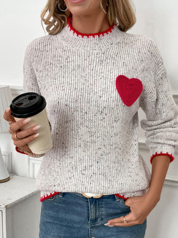 Sweaters - Casual Heart Patch Jumper High-Neck Sweater