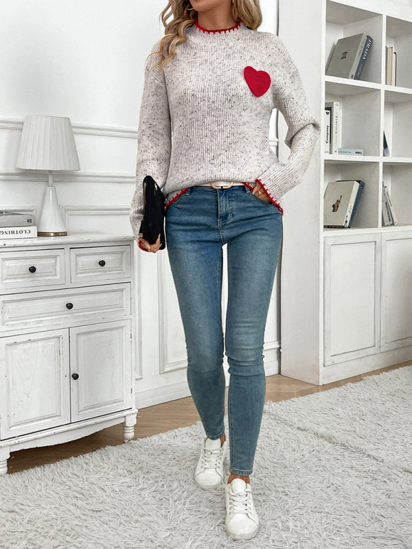 Sweaters - Casual Heart Patch Jumper High-Neck Sweater