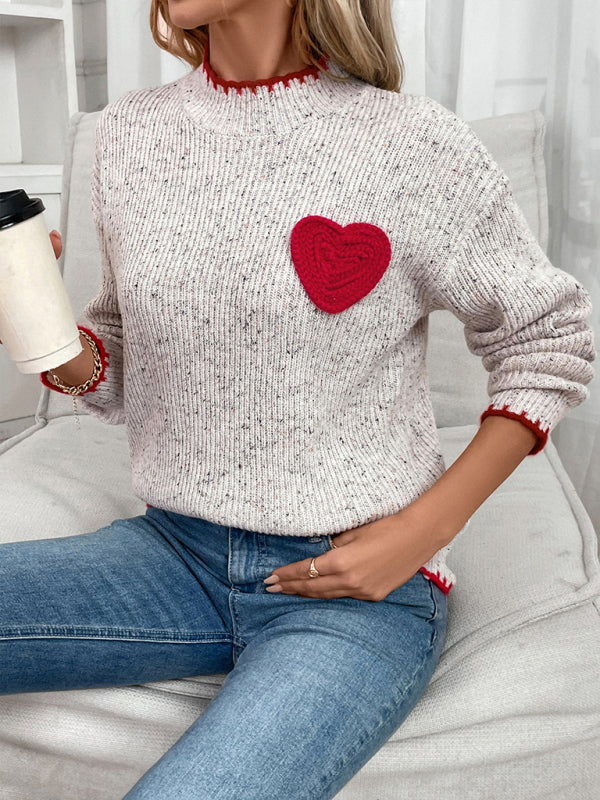 Sweaters - Casual Heart Patch Jumper High-Neck Sweater