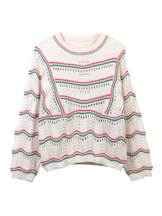 Sweaters- Casual Hollow Stripe Knitting Sweater for Women- Cream- Pekosa Women Fashion