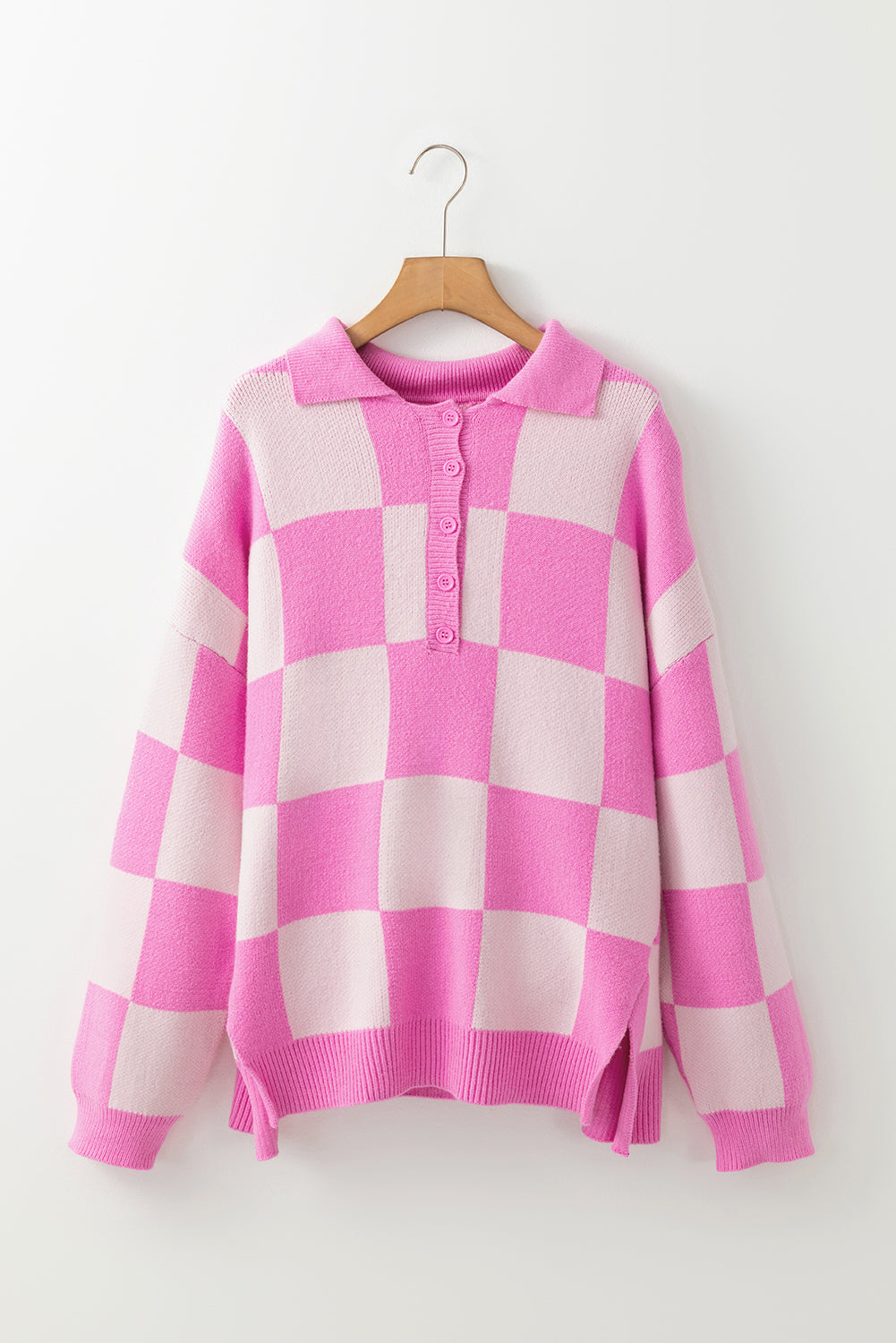 Sweaters - Checkerboard Collared Button-Up Sweater Knit Jumper